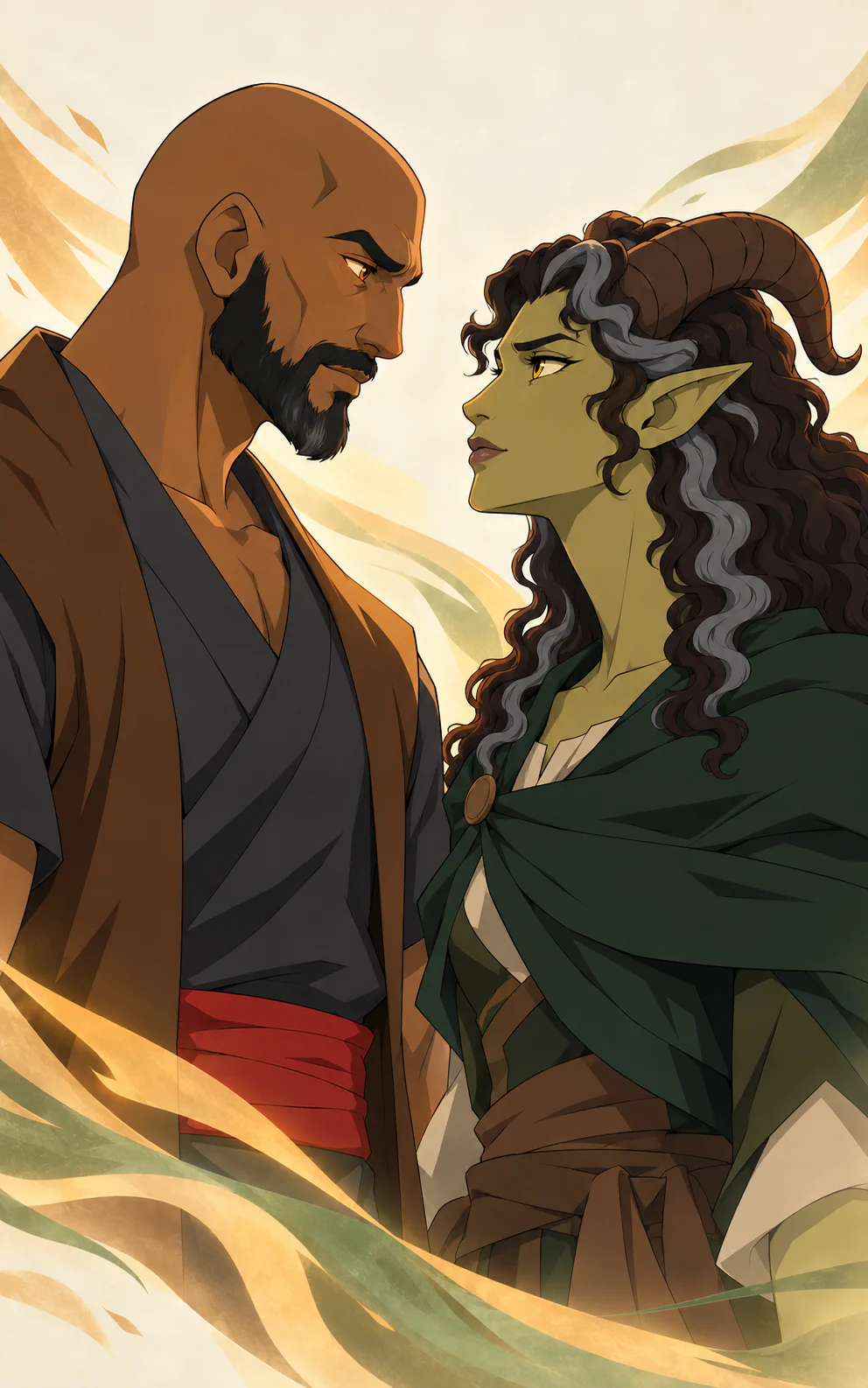 Rishi and Maeril facing one another amid orange and green brushwork