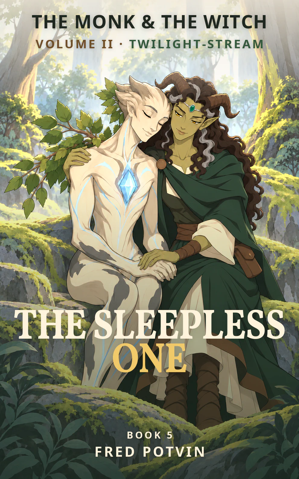 The Monk & The Witch — Book 5, The Sleepless One, by Fred Potvin. Maeril seated beside a pale forest guardian, holding its hand as a blue crystal glows in its chest
