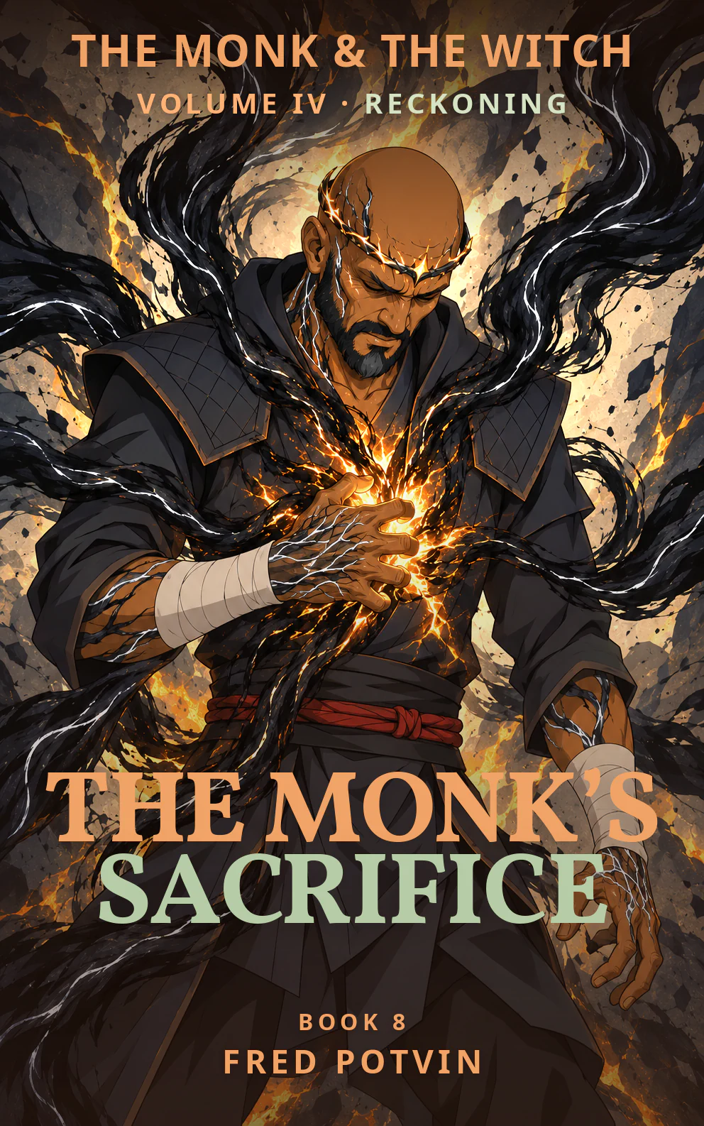 The Monk & The Witch — Book 8, The Monk’s Sacrifice, by Fred Potvin. Rishi bowed beneath black tendrils and glowing orange fractures